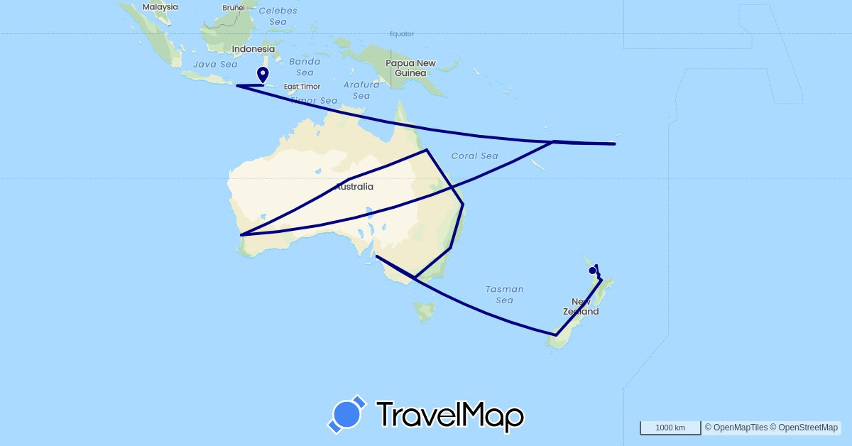 TravelMap itinerary: driving in Australia, Fiji, Indonesia, New Zealand, Vanuatu (Asia, Oceania)